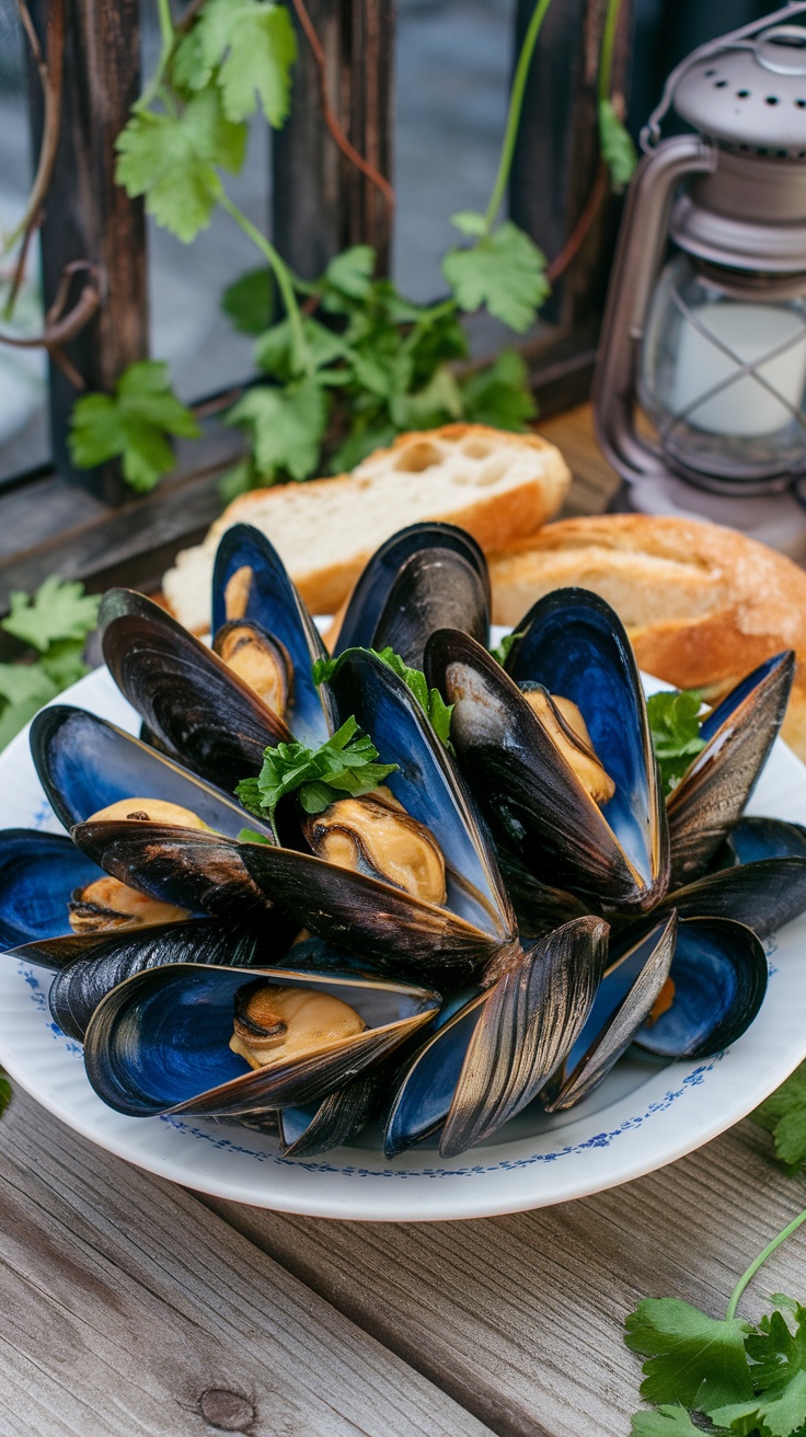 A plate of mussels in garlic butter and white wine sauce, garnished with parsley, alongside crusty bread.